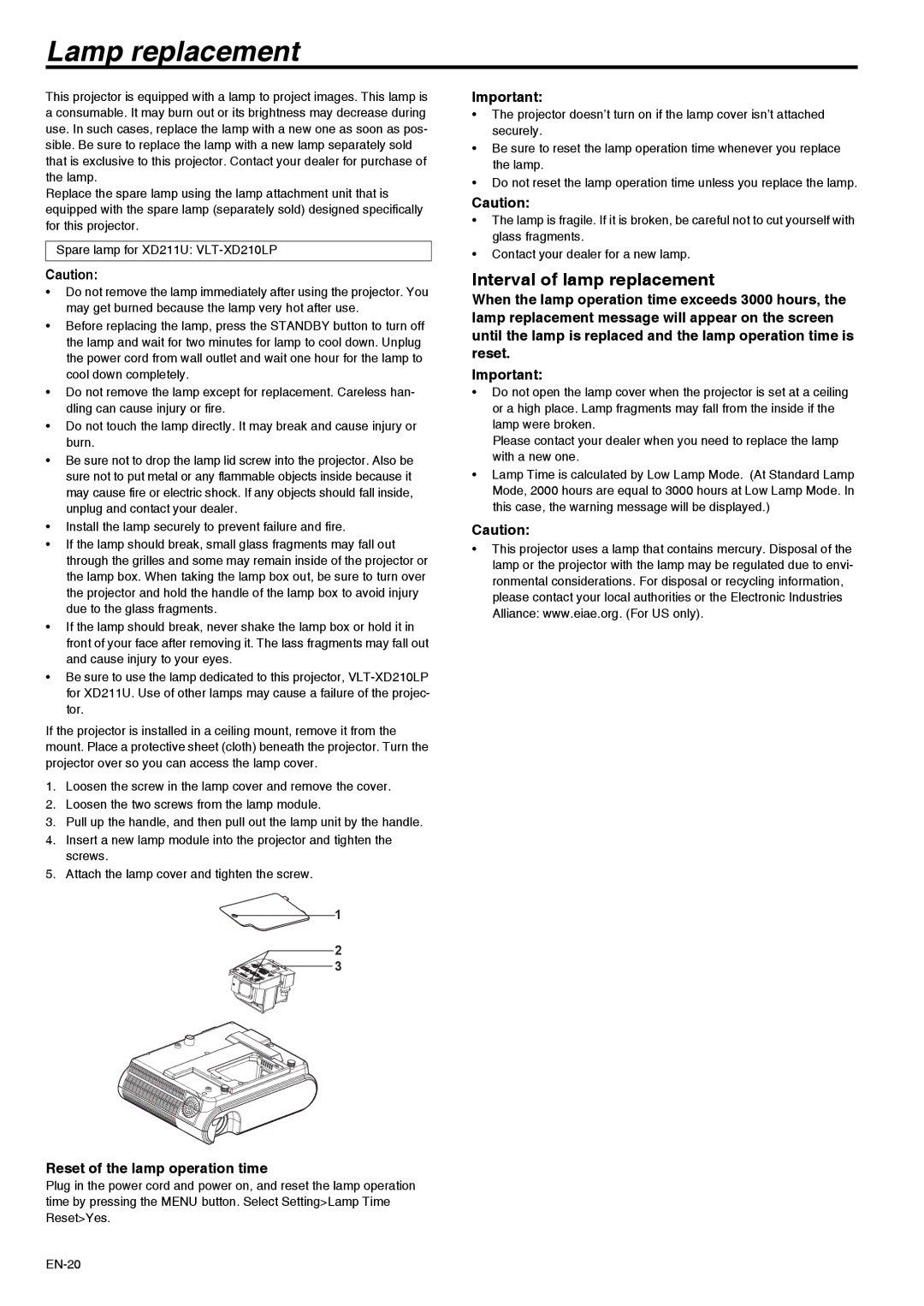 Mitsubishi Electronics XD211U user manual Lamp replacement, Interval of lamp replacement, Reset of the lamp operation time 