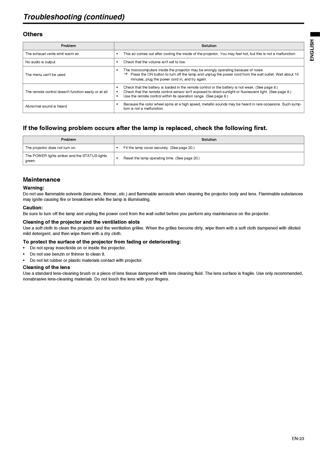 Mitsubishi Electronics XD211U user manual Others, Maintenance, Cleaning of the projector and the ventilation slots 