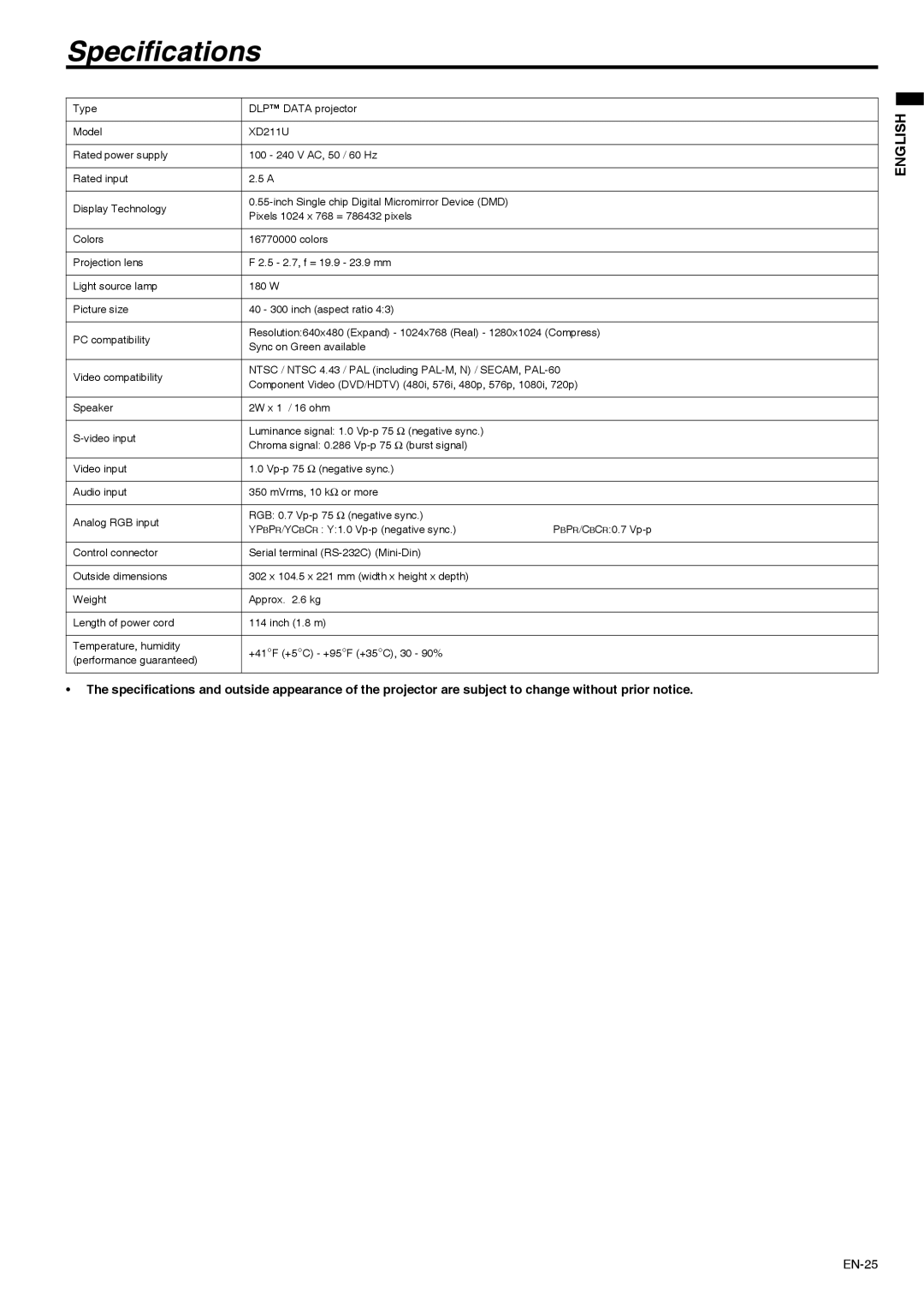 Mitsubishi Electronics XD211U user manual Specifications 