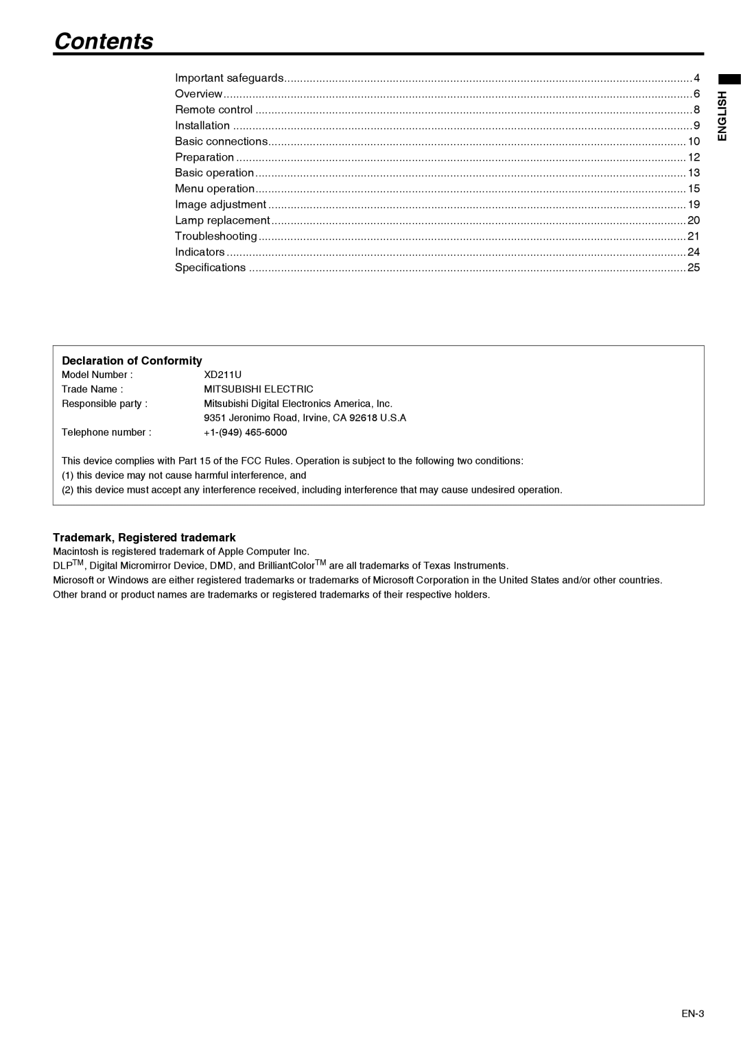 Mitsubishi Electronics XD211U user manual Contents 