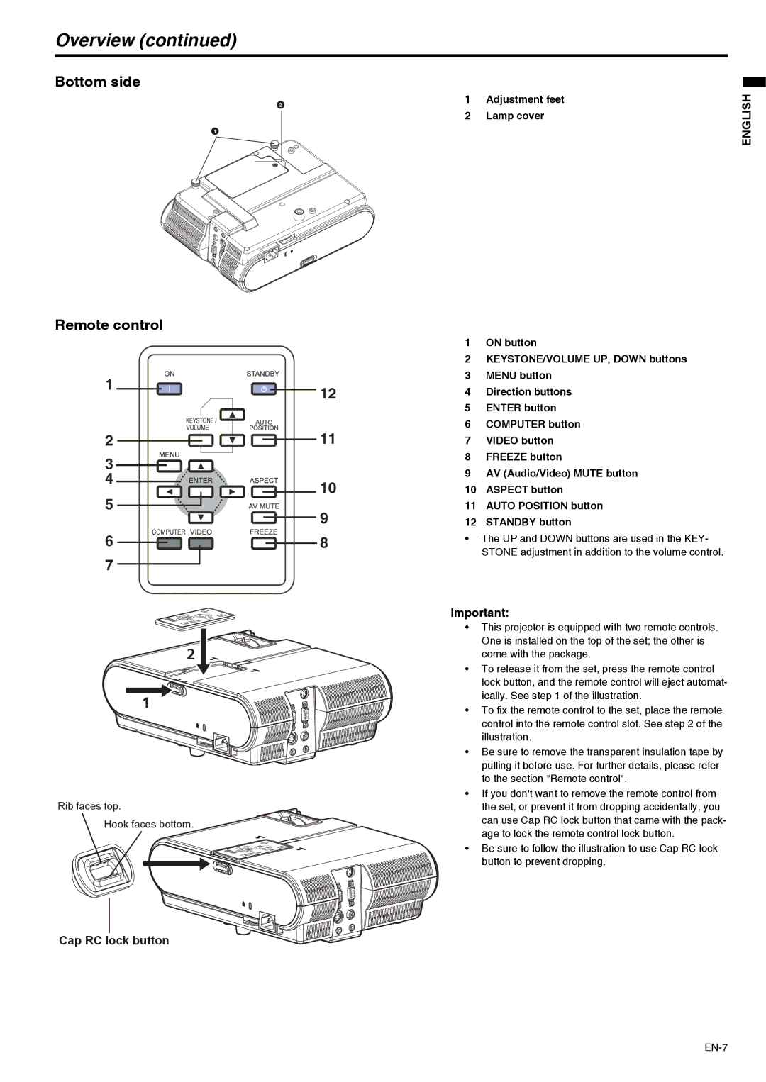 Mitsubishi Electronics XD211U user manual Overview, Bottom side, Remote control, Cap RC lock button 