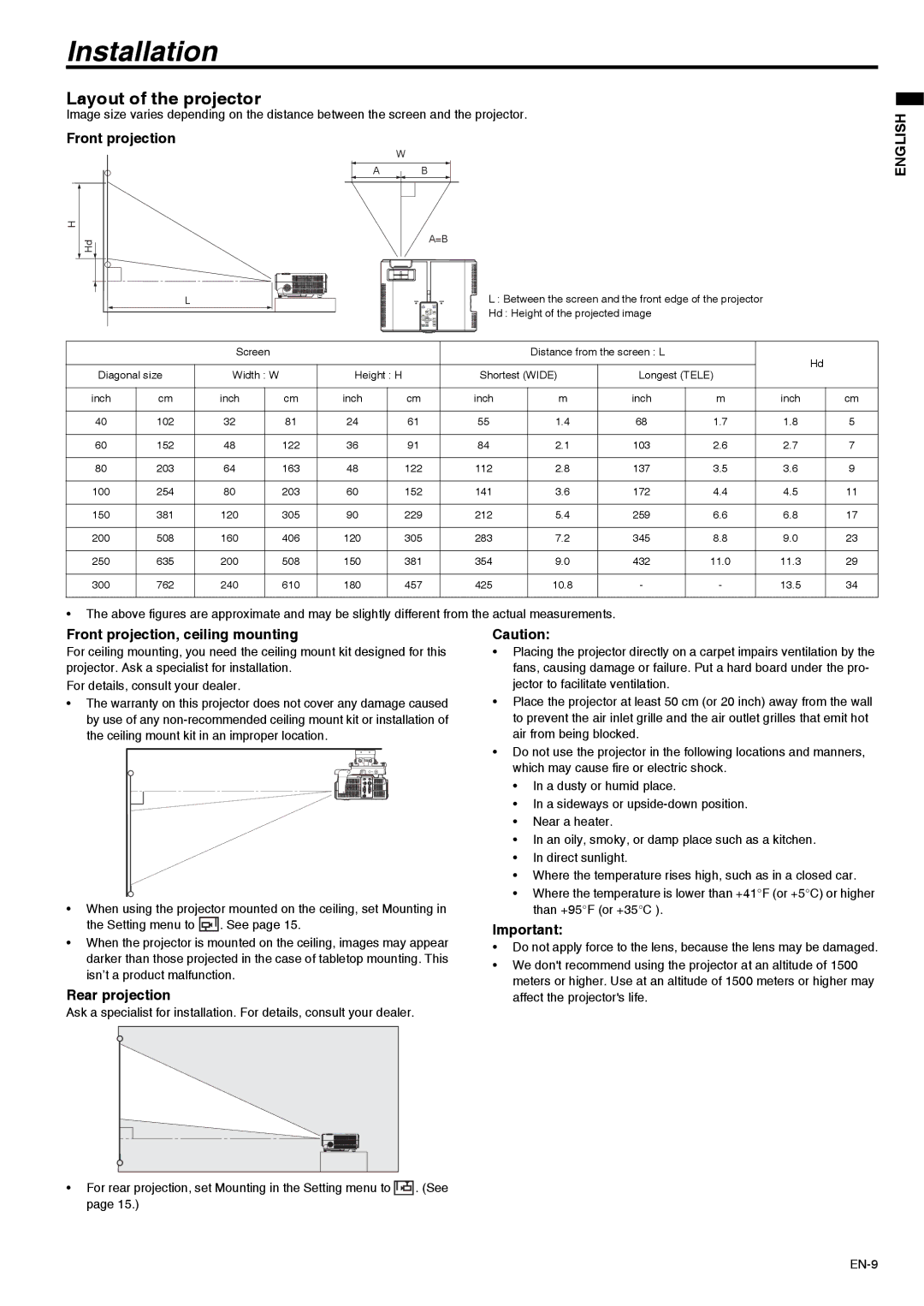 Mitsubishi Electronics XD211U user manual Installation, Layout of the projector, Front projection, ceiling mounting 