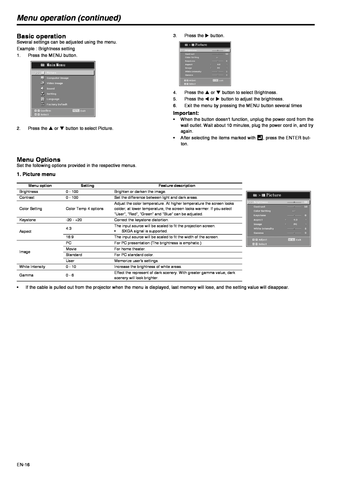 Mitsubishi Electronics XD211U user manual Menu operation continued, Basic operation, Menu Options, Picture menu 
