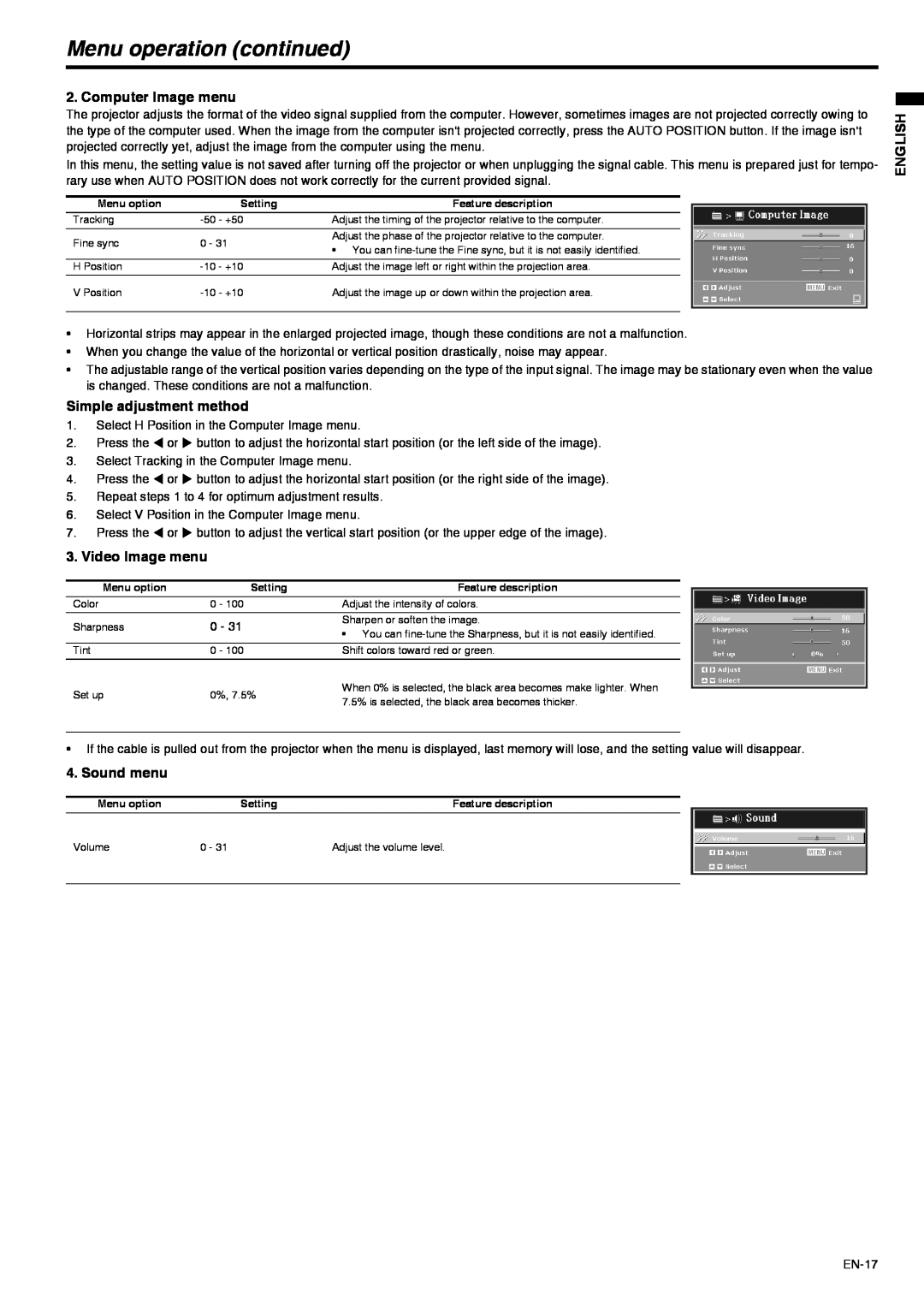 Mitsubishi Electronics XD211U Computer Image menu, Simple adjustment method, Video Image menu, Sound menu, English 