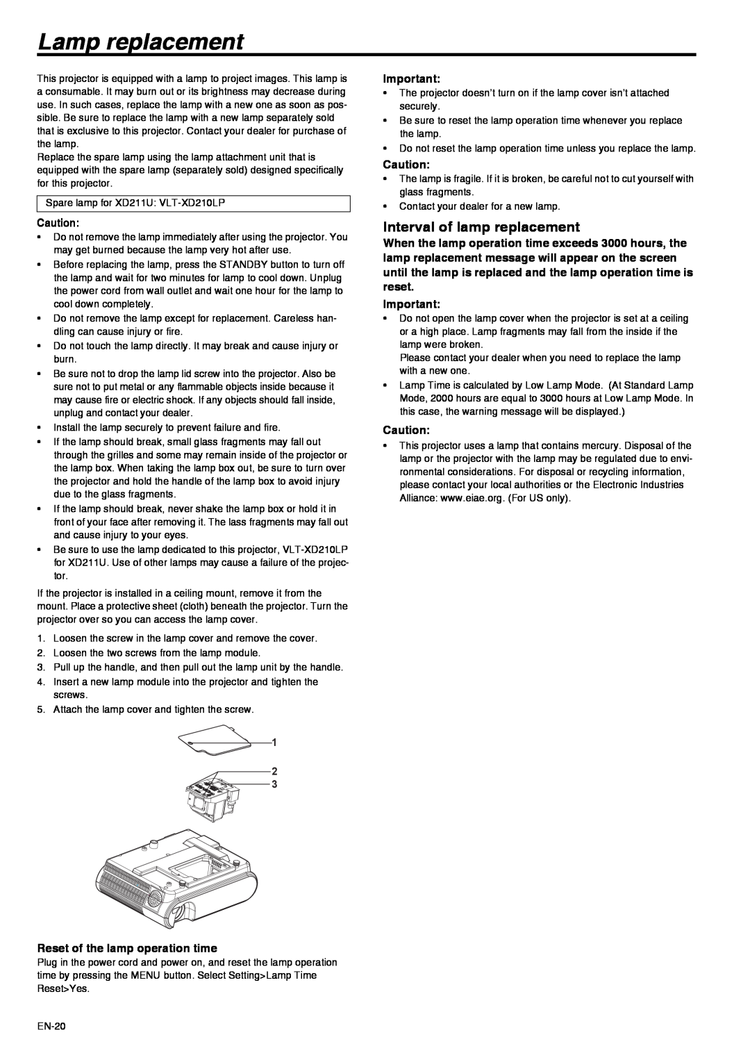 Mitsubishi Electronics XD211U user manual Lamp replacement, Interval of lamp replacement, Reset of the lamp operation time 