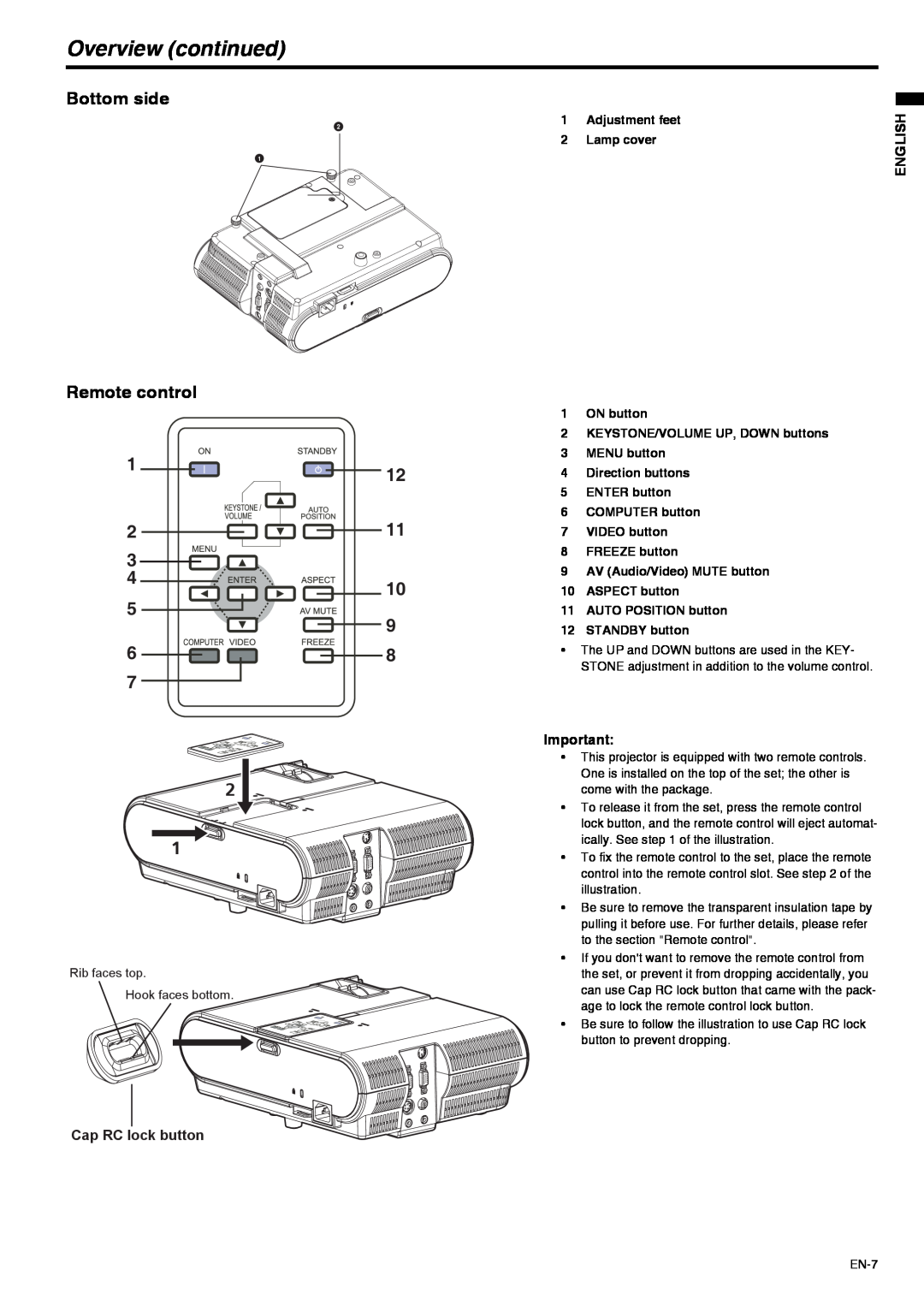 Mitsubishi Electronics XD211U user manual Overview continued, Bottom side, Remote control, English, Cap RC lock button 