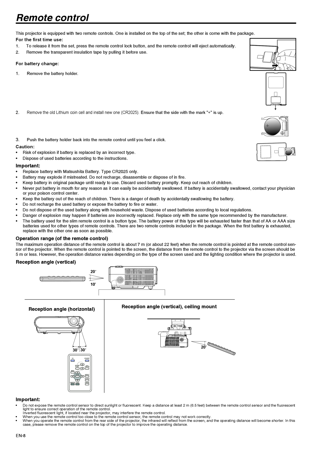 Mitsubishi Electronics XD211U user manual Remote control, Operation range of the remote control, Reception angle vertical 