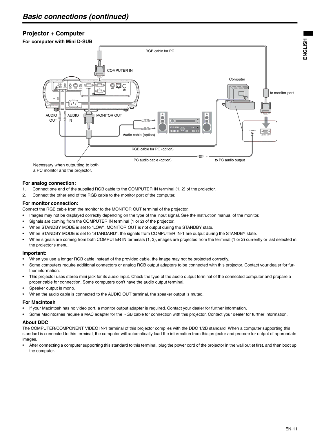 Mitsubishi Electronics XD221U user manual Basic connections, Projector + Computer 