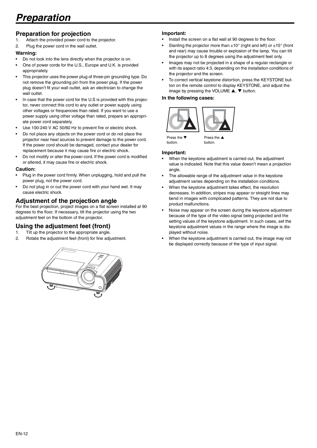 Mitsubishi Electronics XD221U Preparation for projection, Adjustment of the projection angle, Following cases 