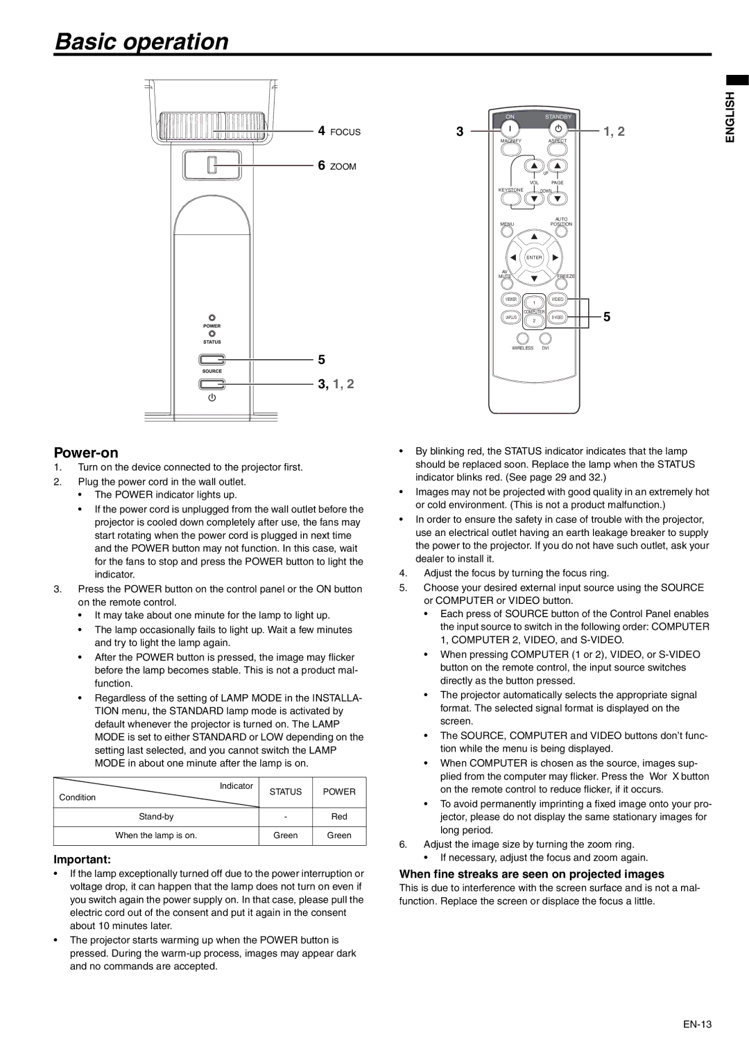 Mitsubishi Electronics XD221U user manual Basic operation, Power-on, When fine streaks are seen on projected images 