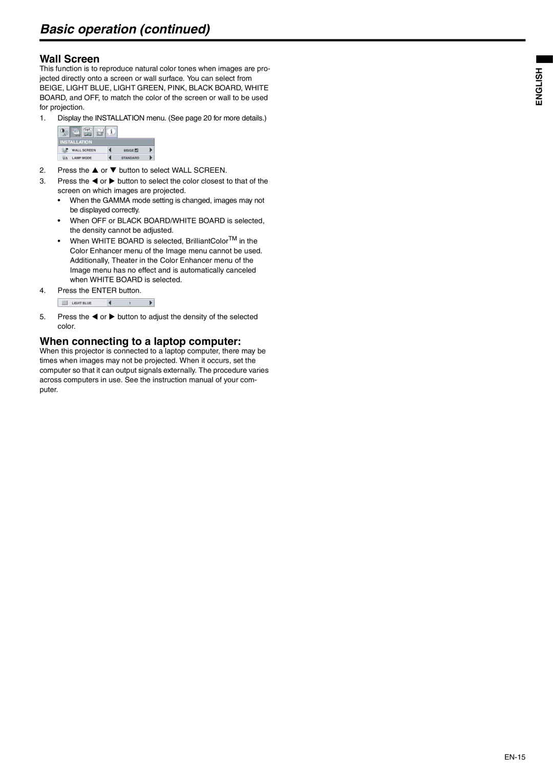 Mitsubishi Electronics XD221U user manual Wall Screen, When connecting to a laptop computer 