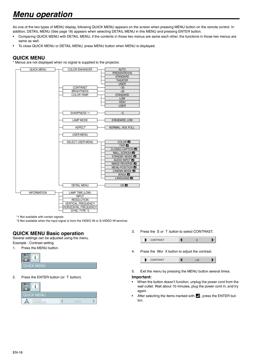 Mitsubishi Electronics XD221U Menu operation, Quick Menu Basic operation, Quick Menu Color Enhancer Auto Presentation 