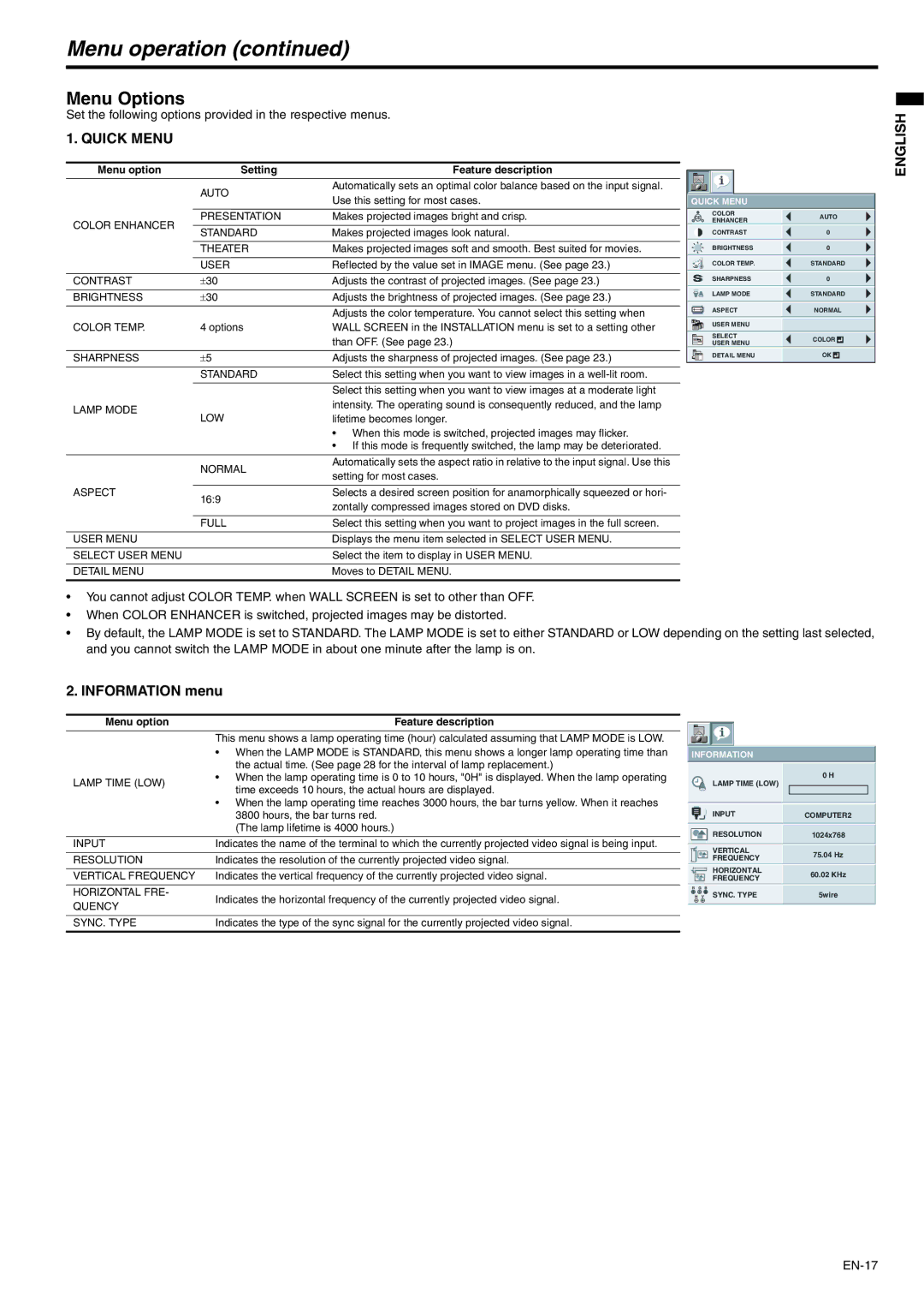 Mitsubishi Electronics XD221U user manual Menu operation, Menu Options, Information menu 