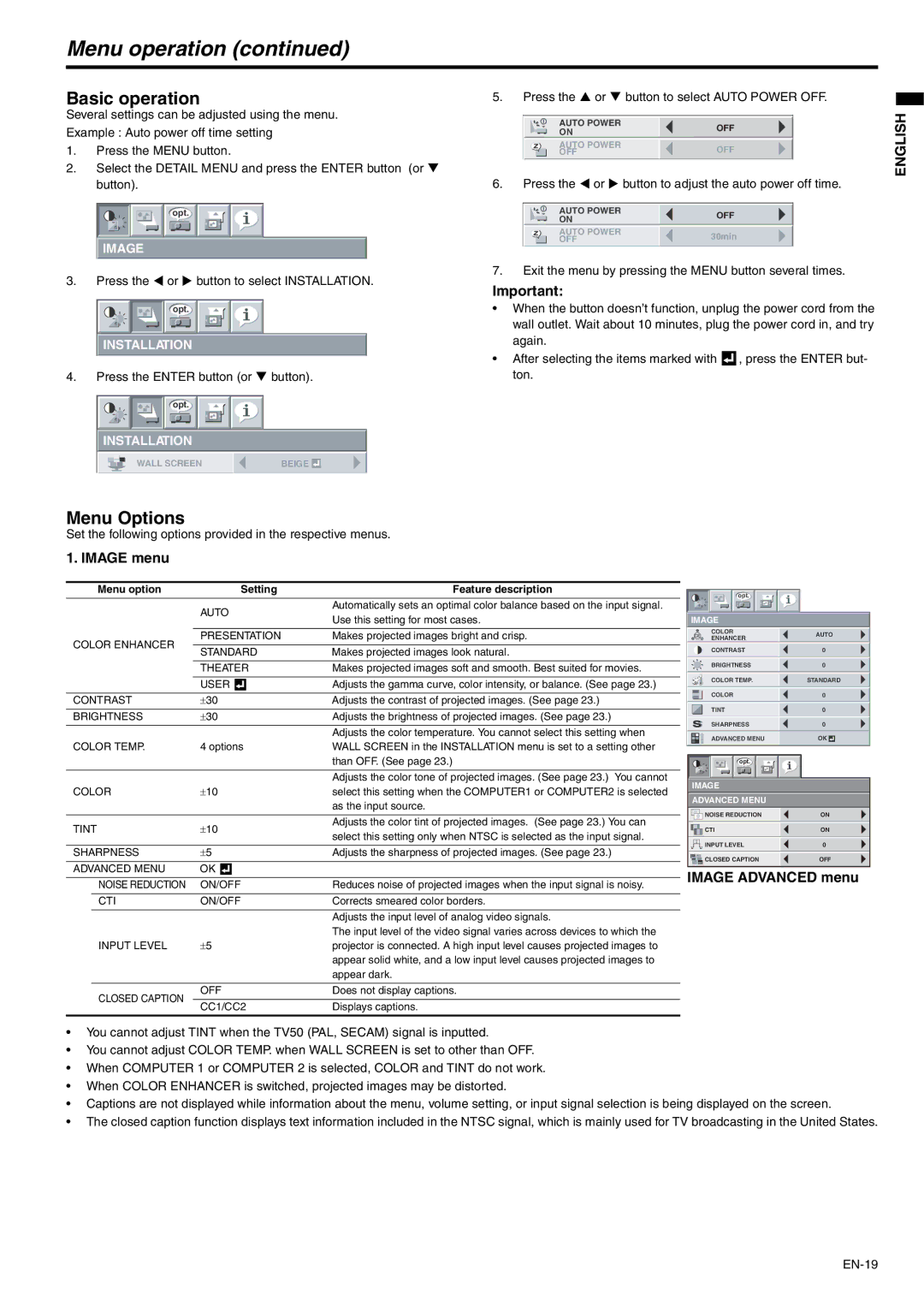 Mitsubishi Electronics XD221U user manual Basic operation, Image menu, Image Advanced menu 