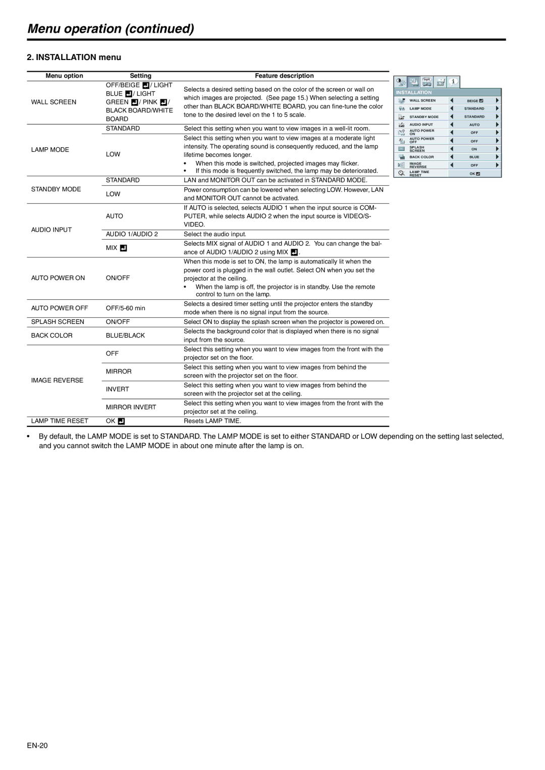 Mitsubishi Electronics XD221U user manual Installation menu 