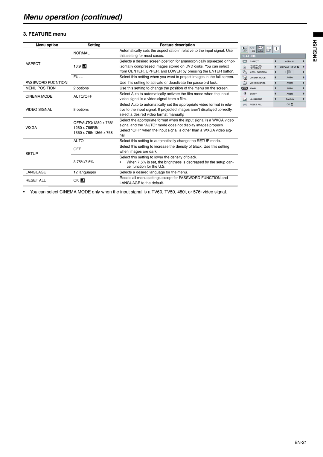 Mitsubishi Electronics XD221U user manual Feature menu, Password Fucntion, Cinema Mode AUTO/OFF, Video Signal, Setup 