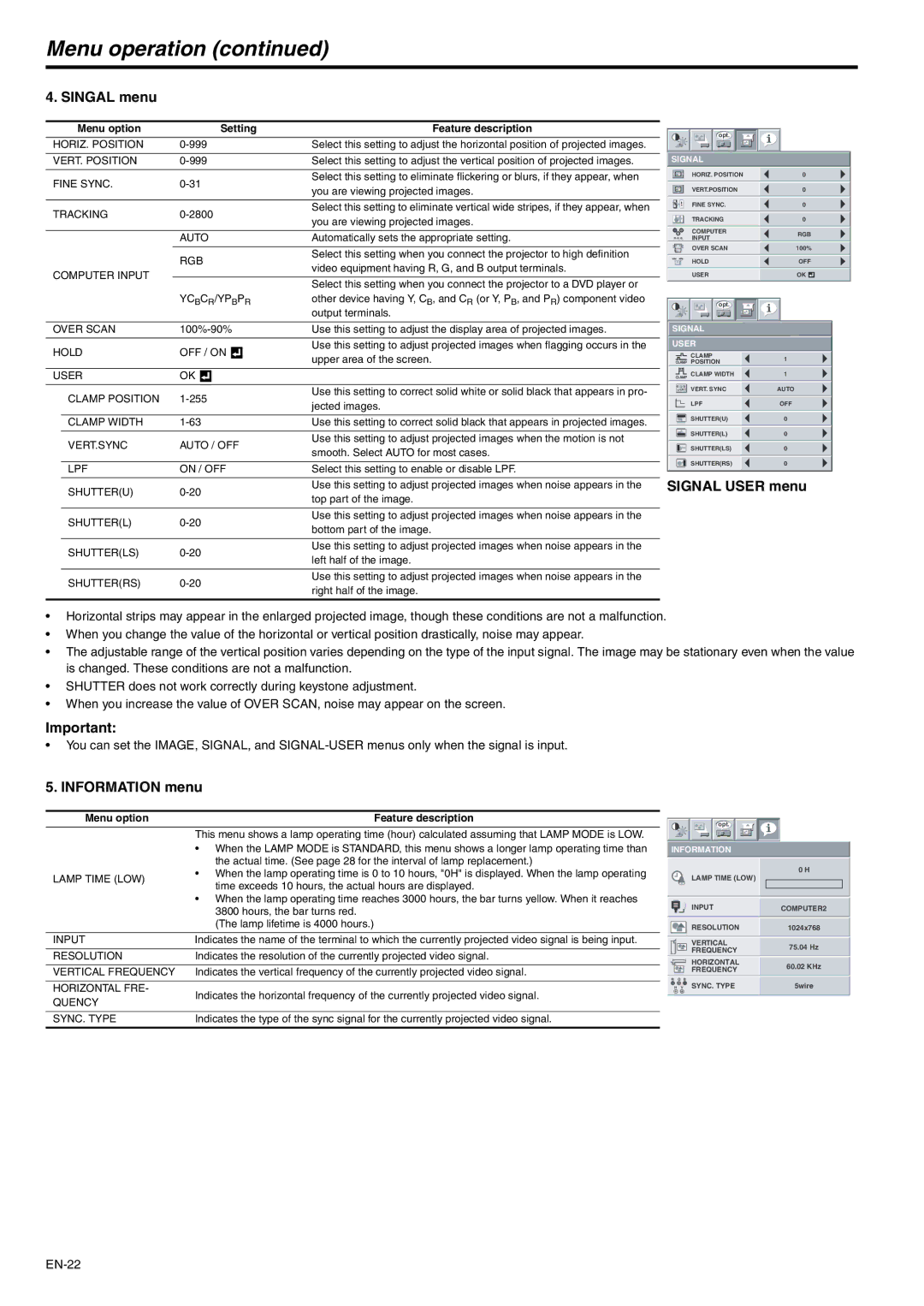 Mitsubishi Electronics XD221U user manual Singal menu, Signal User menu 