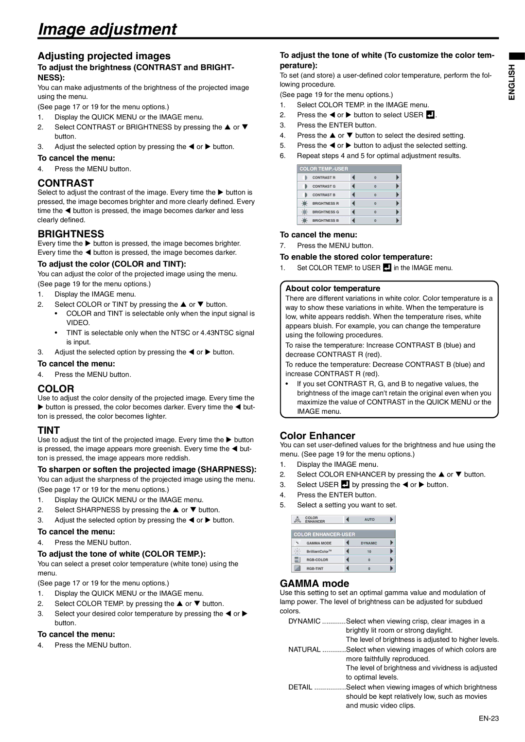 Mitsubishi Electronics XD221U user manual Image adjustment, Adjusting projected images, Color Enhancer, Gamma mode 