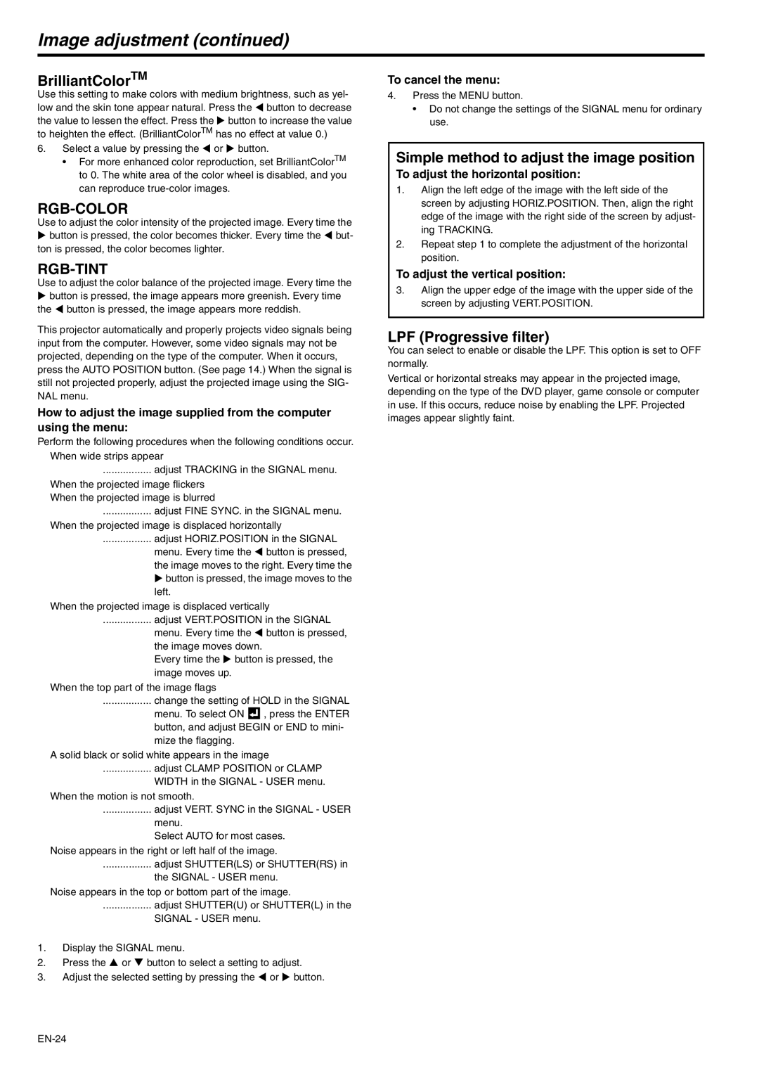 Mitsubishi Electronics XD221U user manual Image adjustment, BrilliantColorTM, Simple method to adjust the image position 