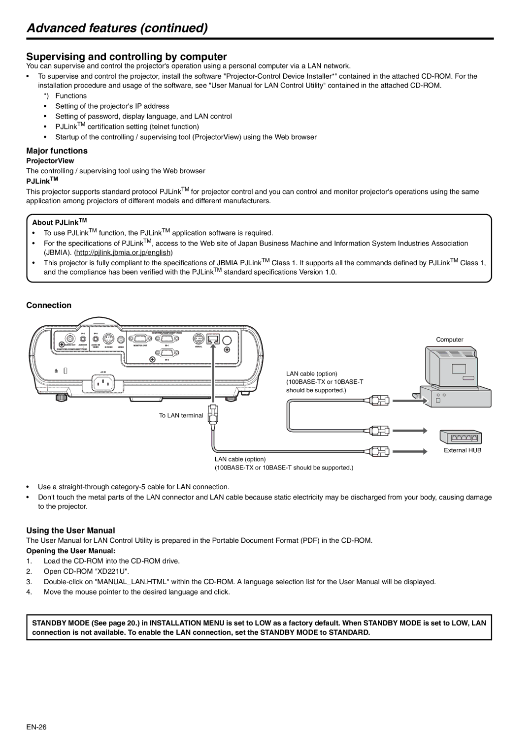 Mitsubishi Electronics XD221U Advanced features, Supervising and controlling by computer, Major functions, Connection 