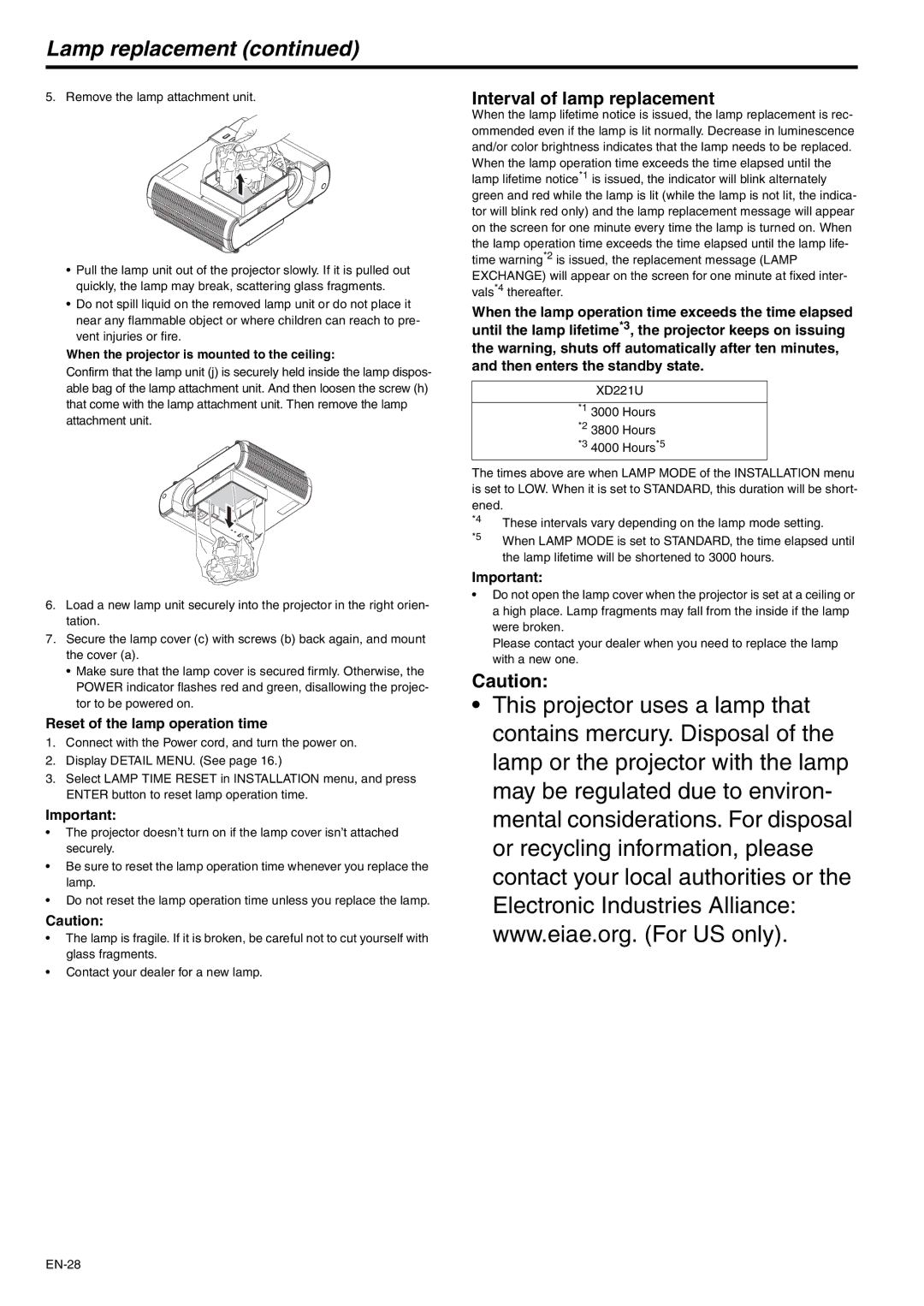 Mitsubishi Electronics XD221U user manual Lamp replacement, Interval of lamp replacement, Reset of the lamp operation time 