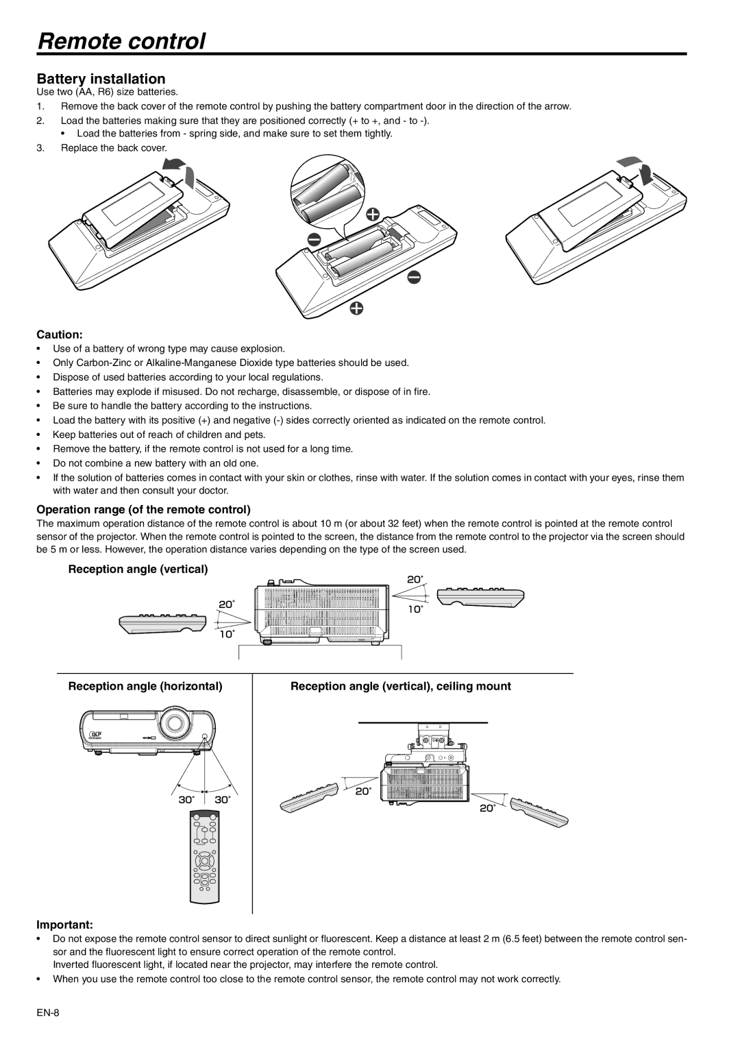 Mitsubishi Electronics XD221U user manual Remote control, Battery installation, Operation range of the remote control 