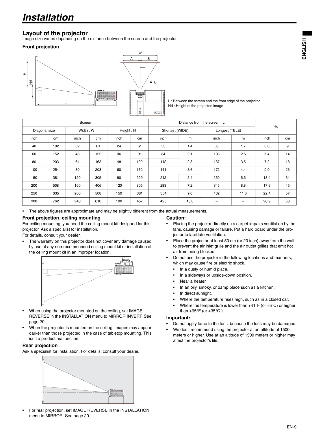 Mitsubishi Electronics XD221U user manual Installation, Layout of the projector, Front projection, ceiling mounting 