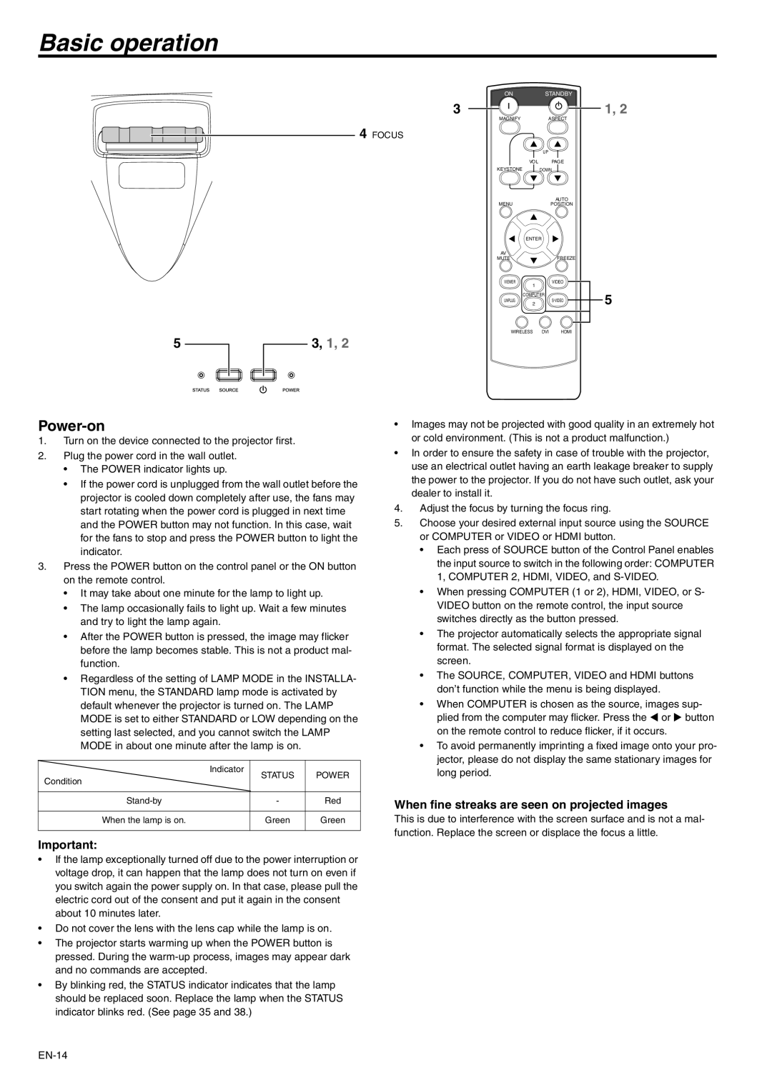 Mitsubishi Electronics XD250U-ST Basic operation, Power-on, When fine streaks are seen on projected images, Focus 