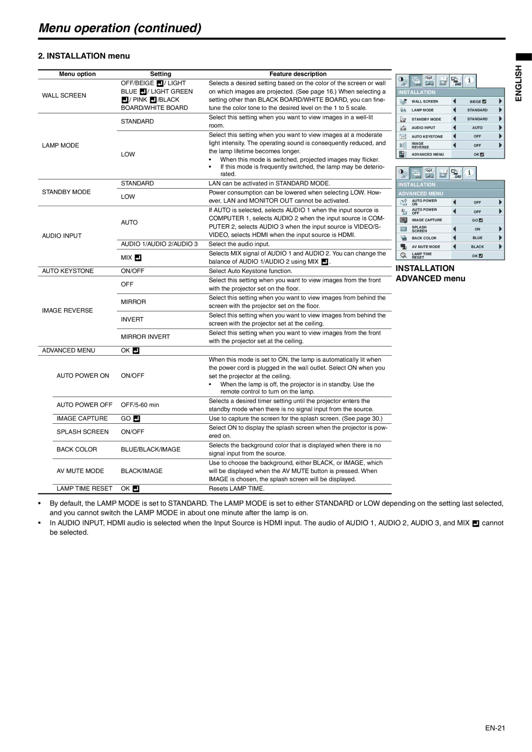 Mitsubishi Electronics XD250U-ST user manual Installation menu 