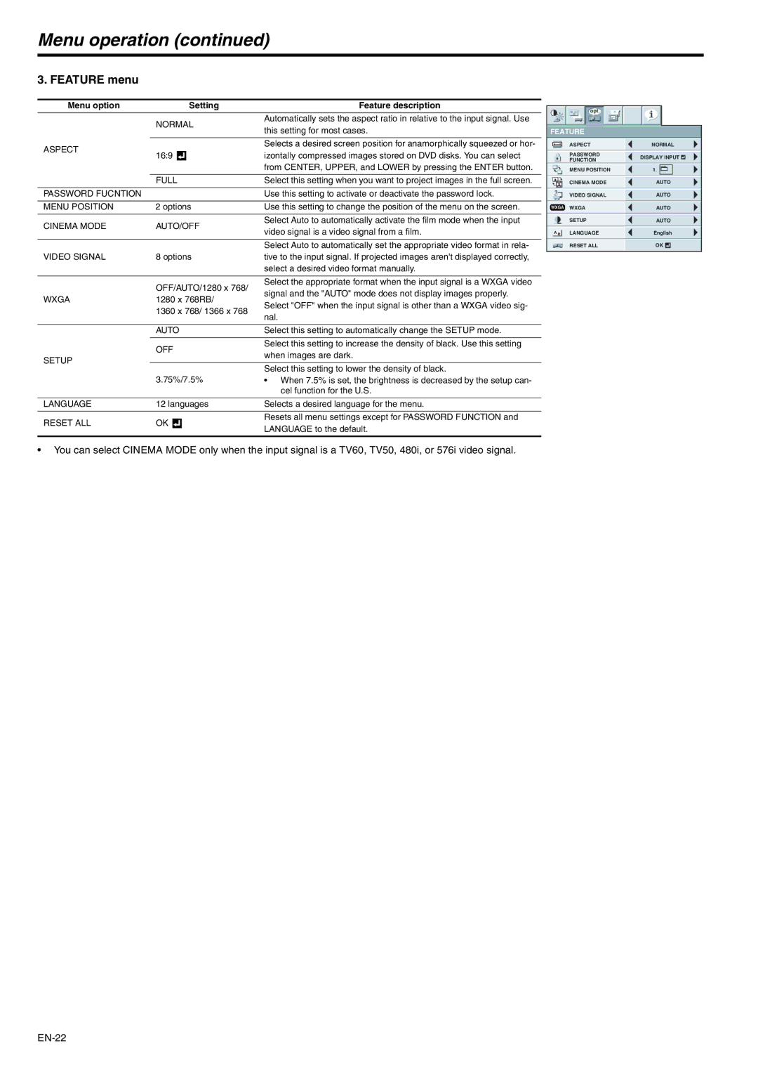 Mitsubishi Electronics XD250U-ST user manual Feature menu 