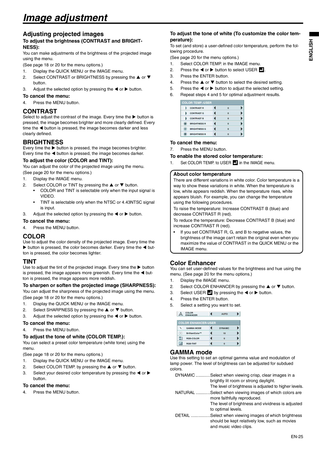 Mitsubishi Electronics XD250U-ST user manual Image adjustment, Adjusting projected images, Color Enhancer, Gamma mode 