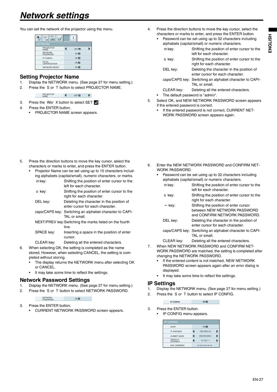 Mitsubishi Electronics XD250U-ST Network settings, Setting Projector Name, Network Password Settings, IP Settings 