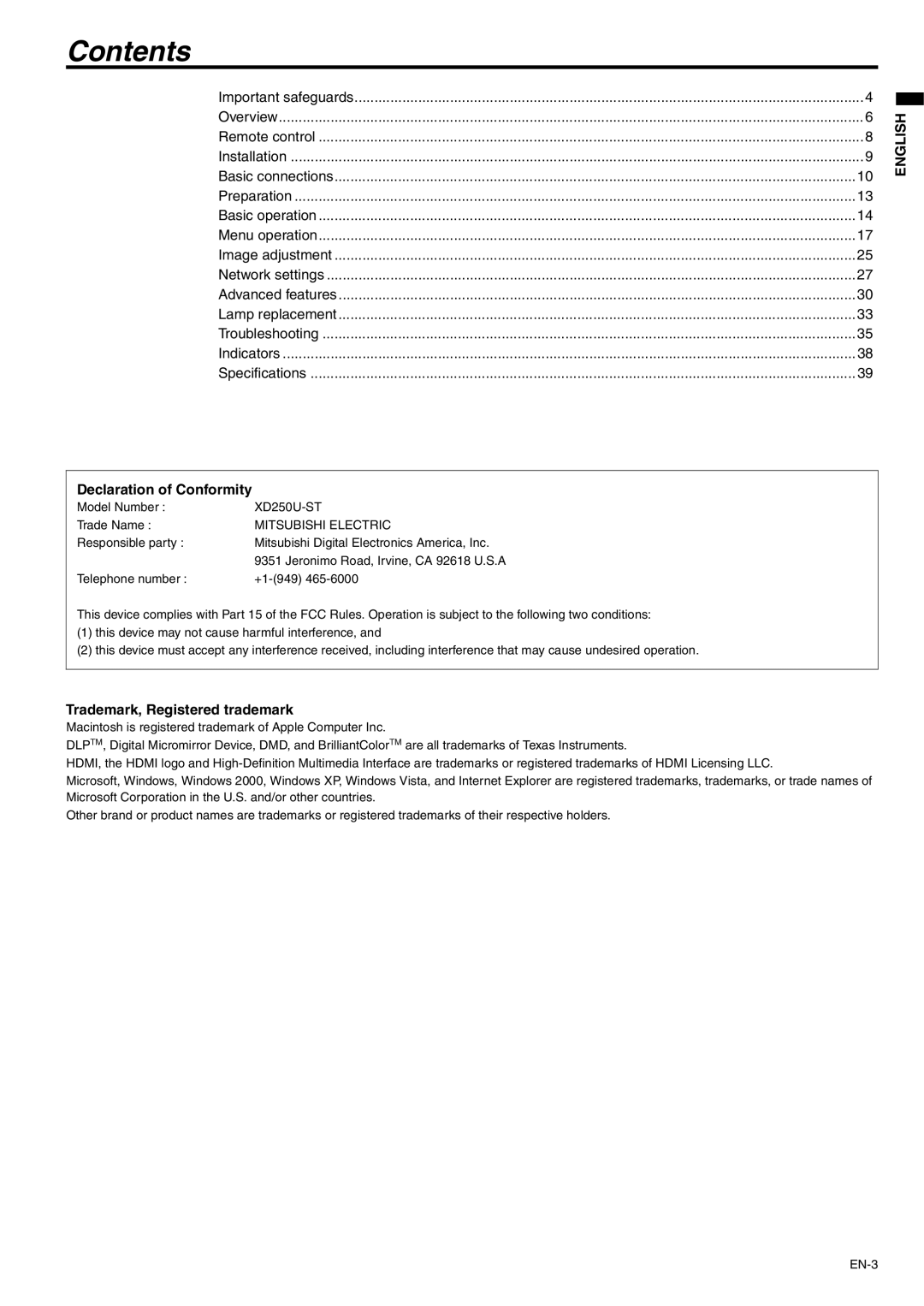 Mitsubishi Electronics XD250U-ST user manual Contents 