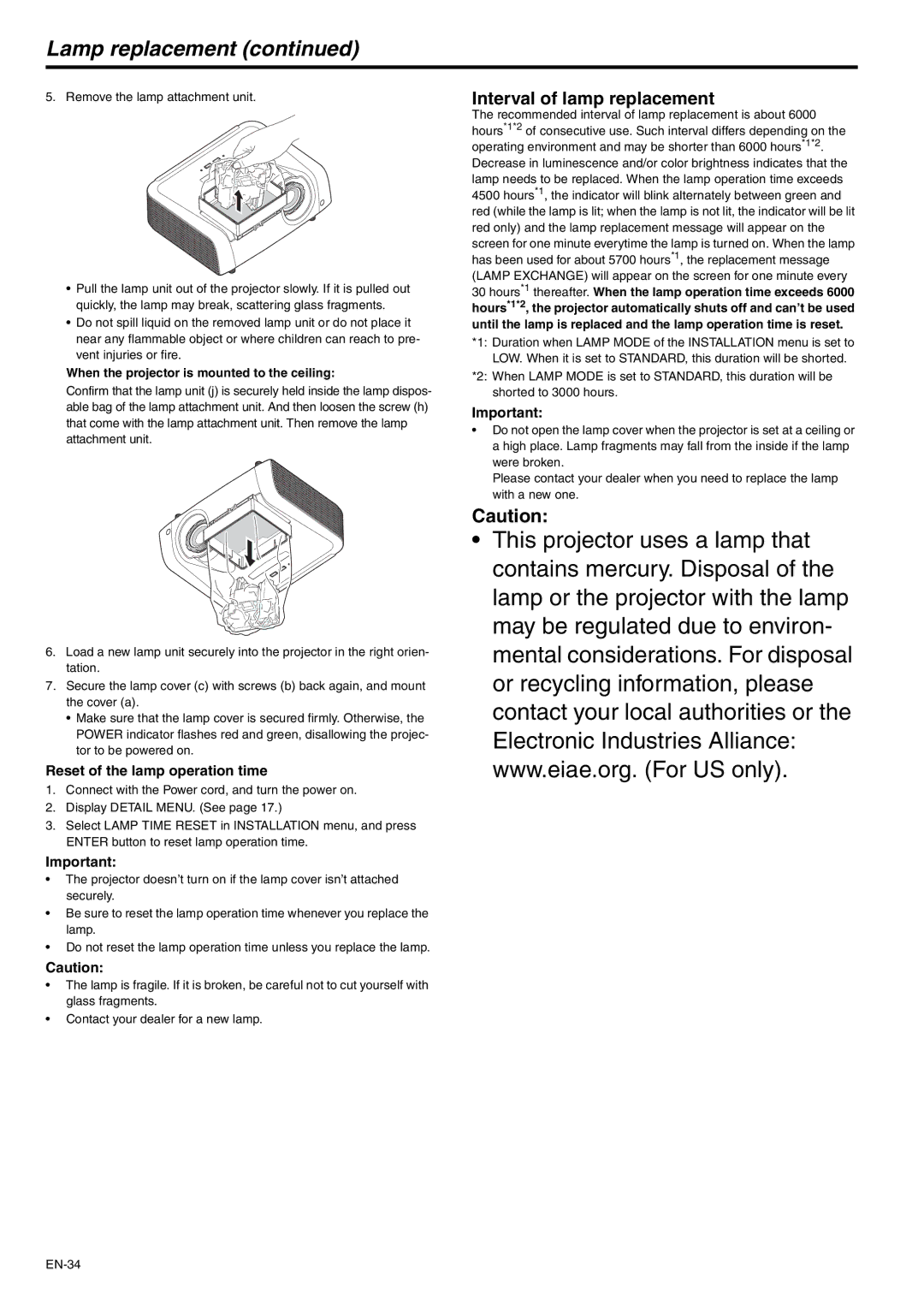 Mitsubishi Electronics XD250U-ST Lamp replacement, Interval of lamp replacement, Reset of the lamp operation time 