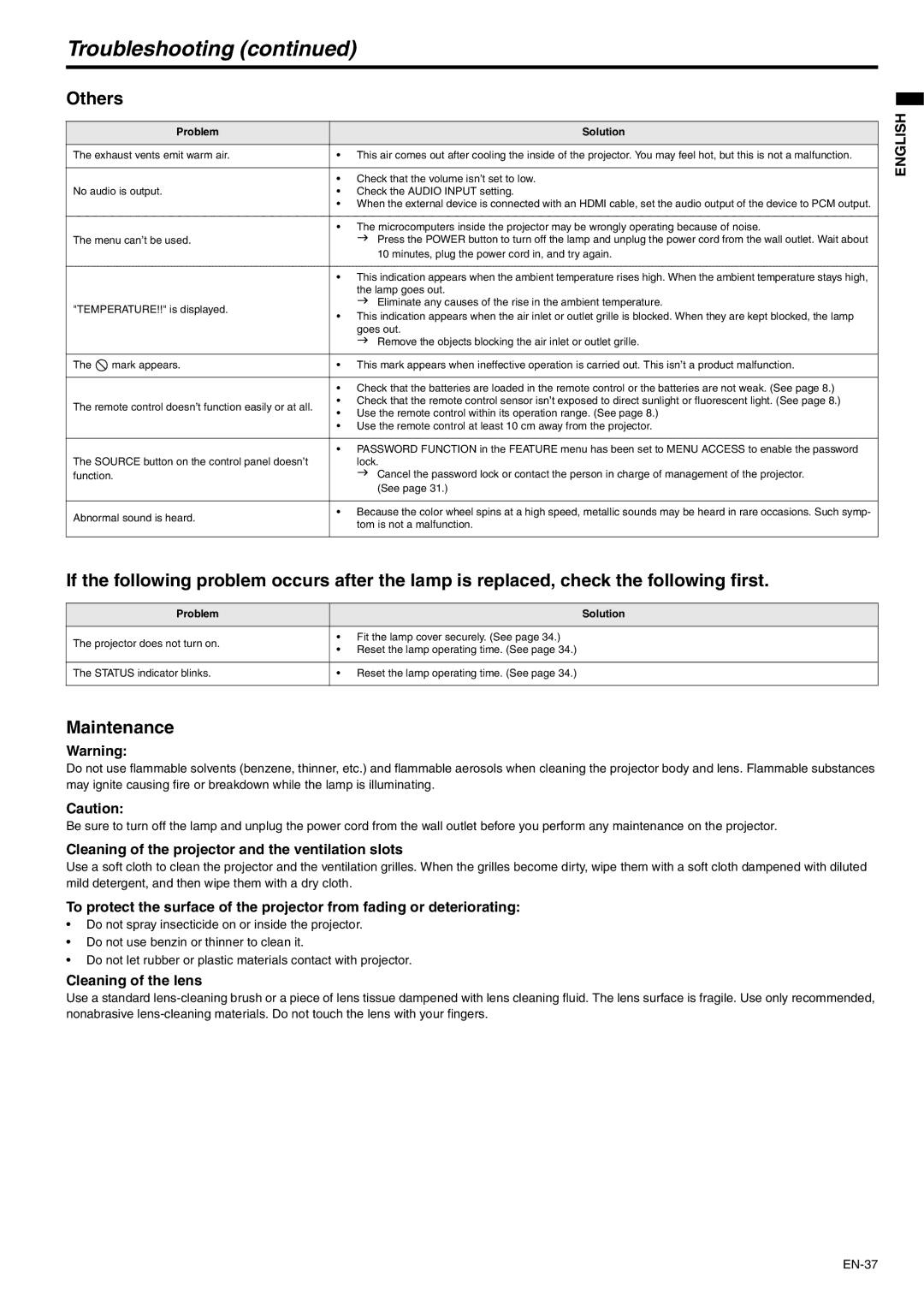 Mitsubishi Electronics XD250U-ST user manual Others, Maintenance, Cleaning of the projector and the ventilation slots 