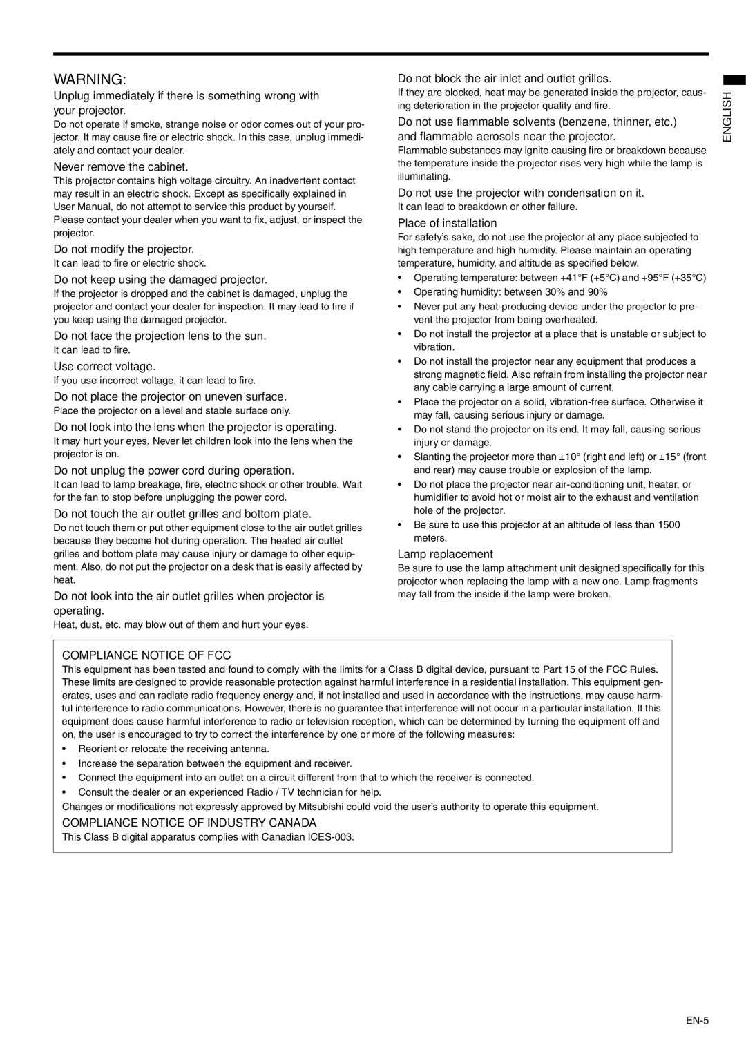 Mitsubishi Electronics XD250U-ST user manual Never remove the cabinet Do not modify the projector, Use correct voltage 