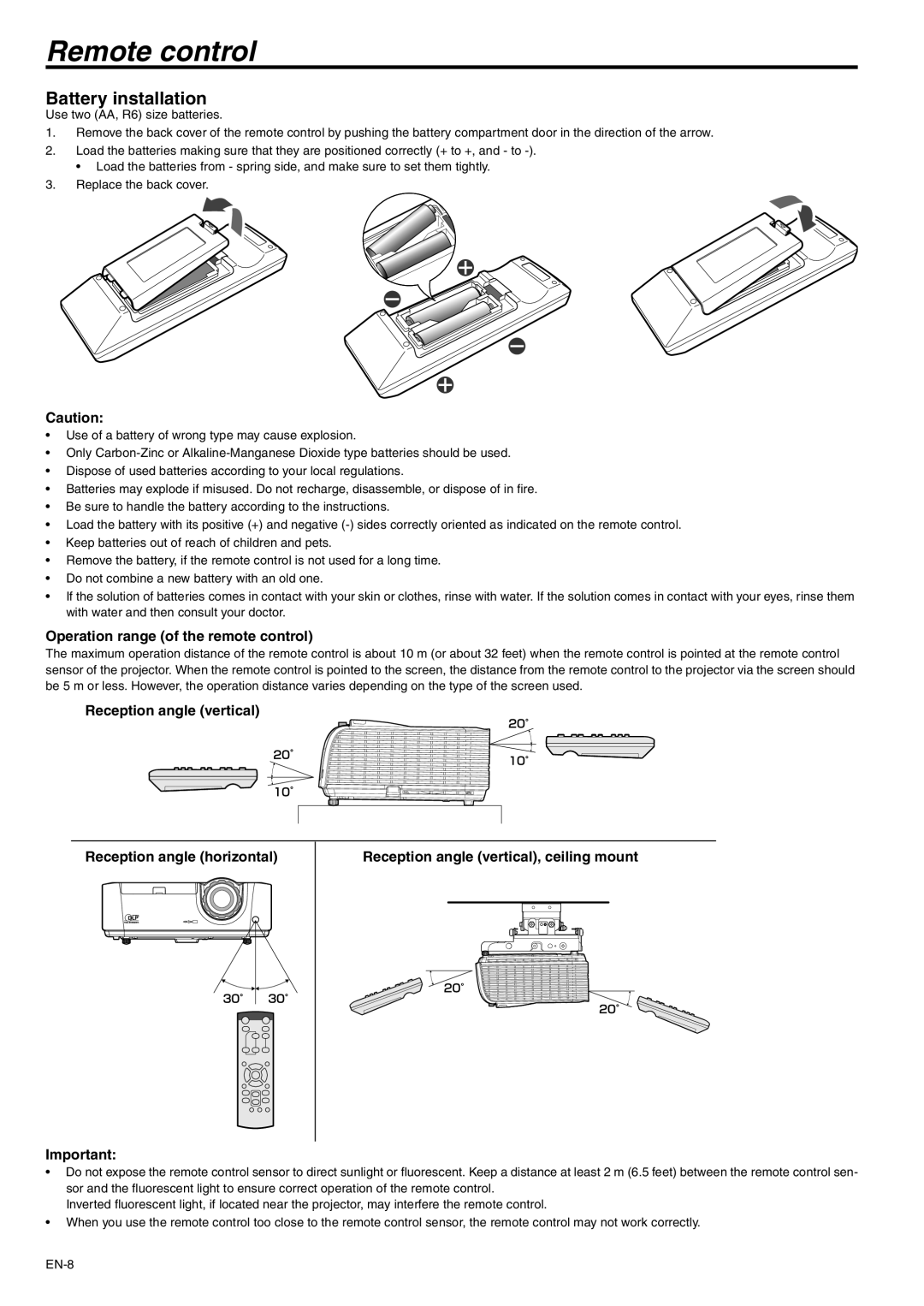 Mitsubishi Electronics XD250U-ST user manual Remote control, Battery installation, Operation range of the remote control 