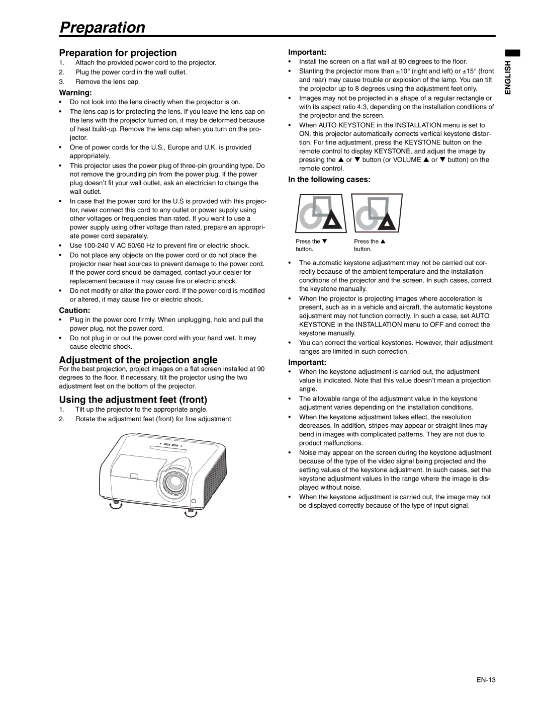 Mitsubishi Electronics XD250U-ST Preparation for projection, Adjustment of the projection angle, Following cases 