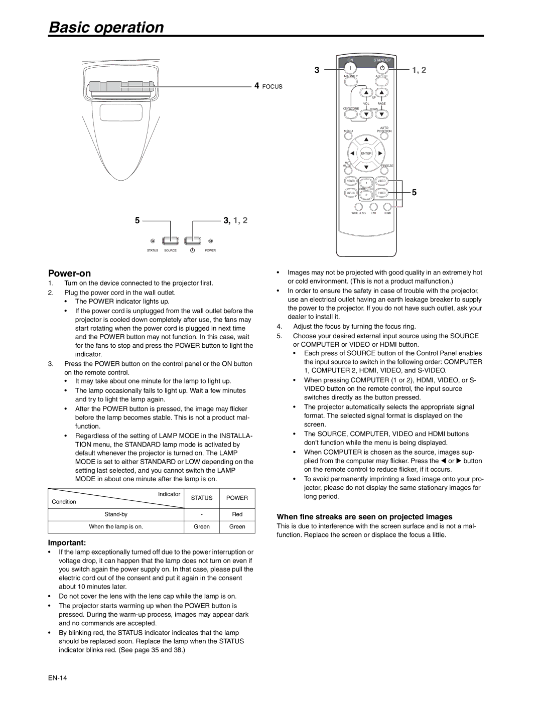 Mitsubishi Electronics XD250U-ST Basic operation, Power-on, When fine streaks are seen on projected images, Focus 