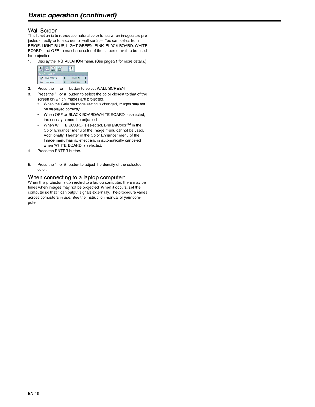 Mitsubishi Electronics XD250U-ST user manual Wall Screen, When connecting to a laptop computer 