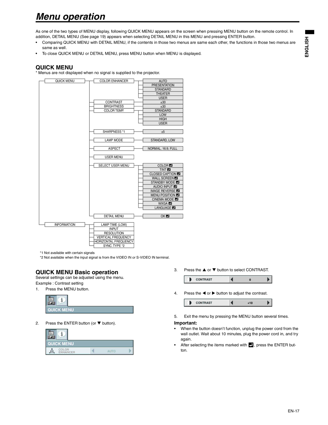 Mitsubishi Electronics XD250U-ST user manual Menu operation, Quick Menu Basic operation 