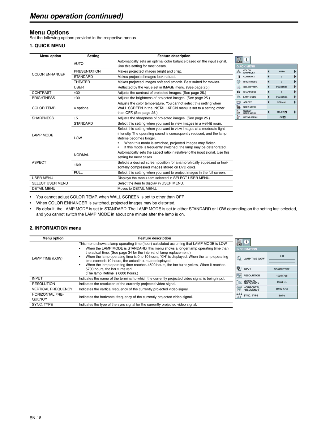 Mitsubishi Electronics XD250U-ST user manual Menu operation, Menu Options, Information menu 