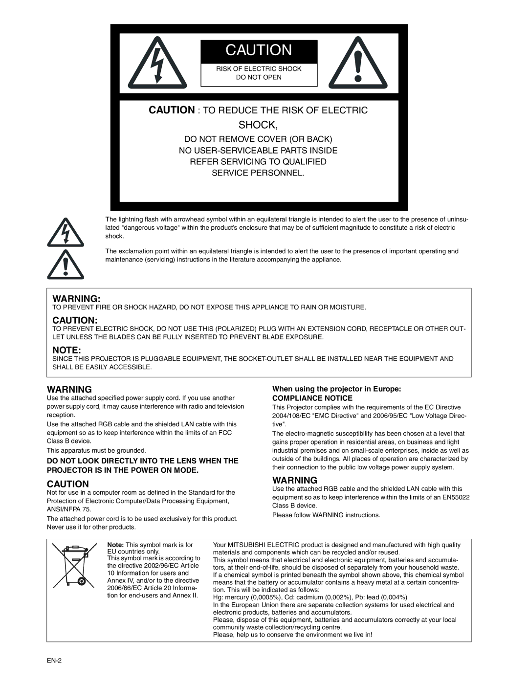 Mitsubishi Electronics XD250U-ST user manual Shock, When using the projector in Europe 