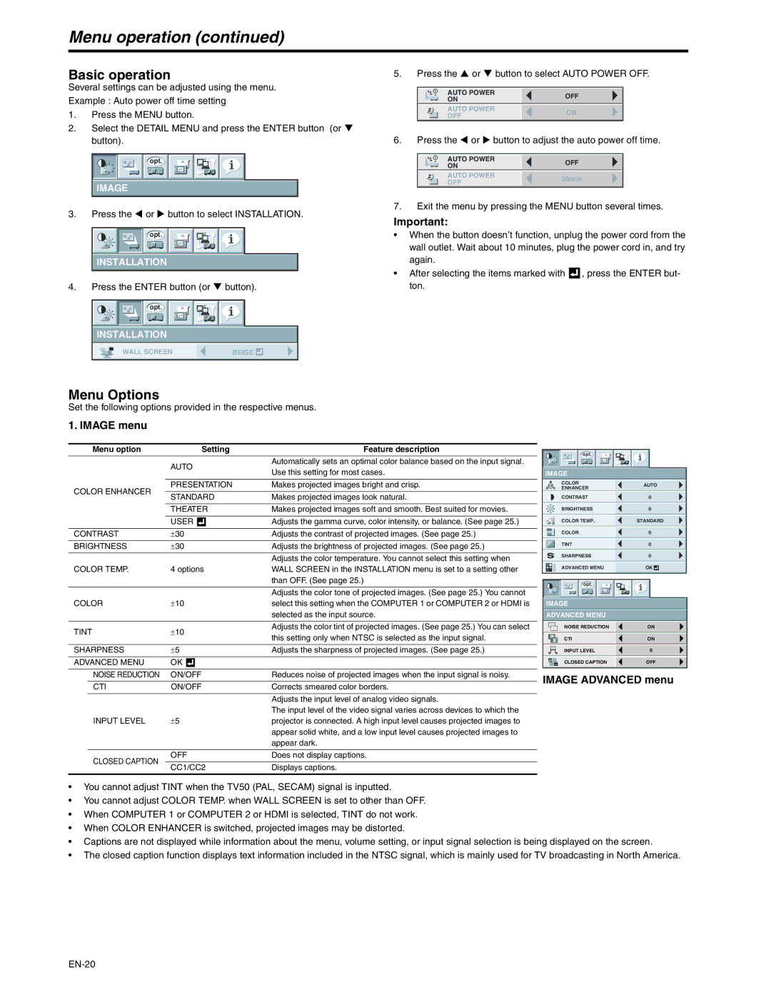 Mitsubishi Electronics XD250U-ST user manual Basic operation, Image menu, Image Advanced menu 