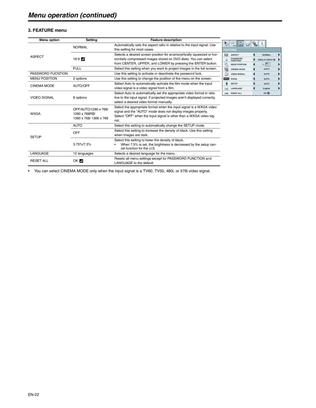 Mitsubishi Electronics XD250U-ST user manual Feature menu 