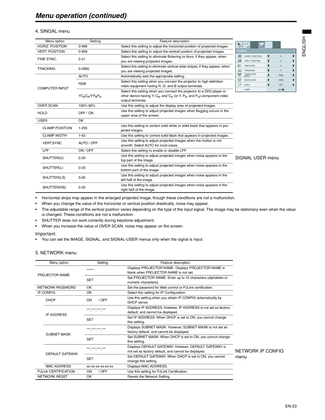 Mitsubishi Electronics XD250U-ST user manual Singal menu, Signal User menu, Network menu, Menu 