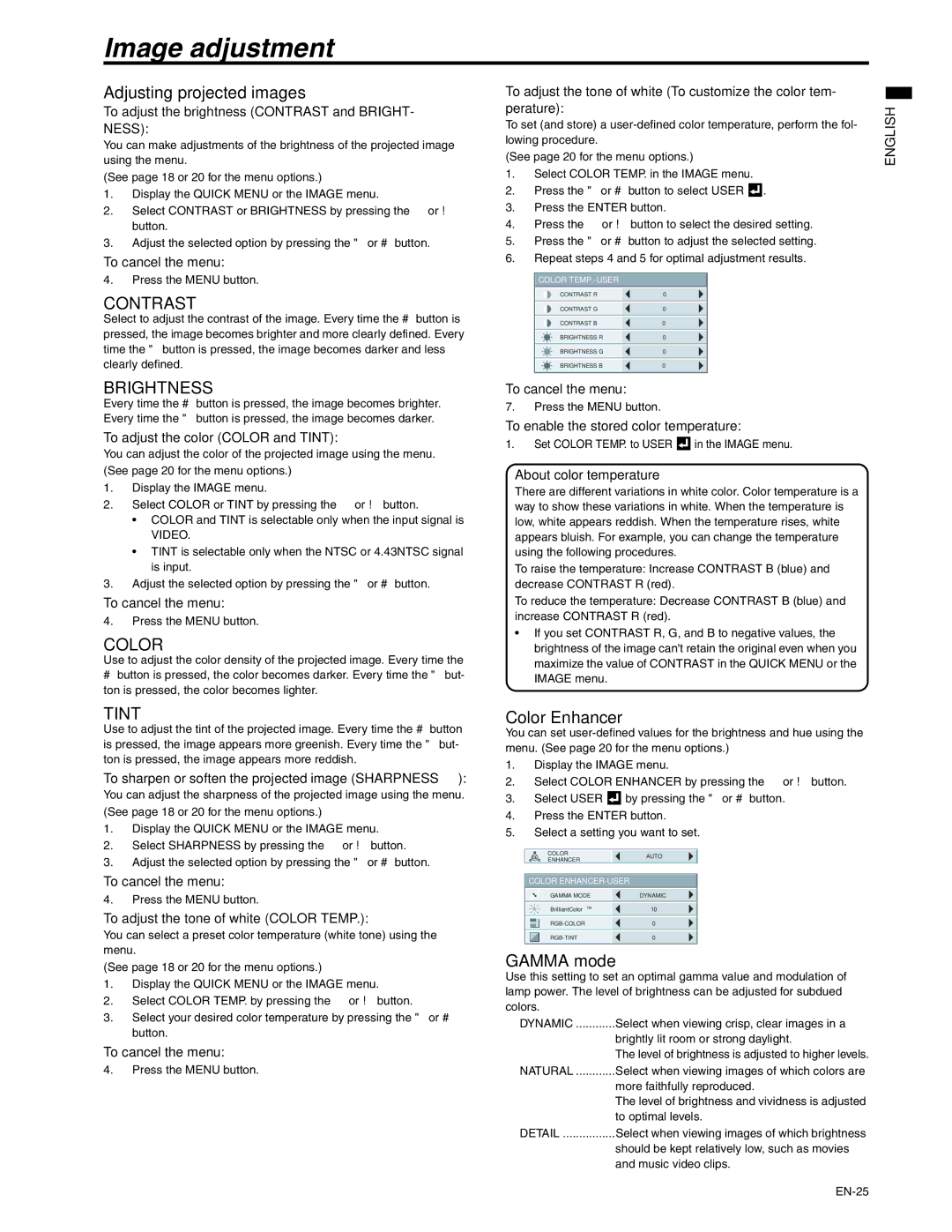 Mitsubishi Electronics XD250U-ST user manual Image adjustment, Adjusting projected images, Color Enhancer, Gamma mode 