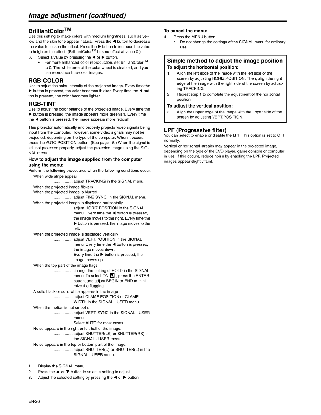 Mitsubishi Electronics XD250U-ST user manual Image adjustment, BrilliantColorTM, Simple method to adjust the image position 