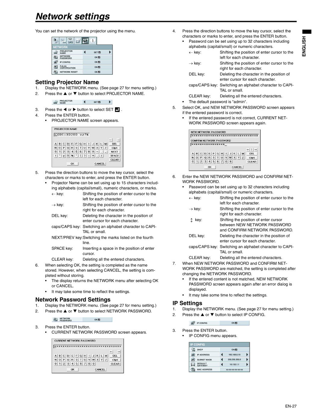 Mitsubishi Electronics XD250U-ST Network settings, Setting Projector Name, Network Password Settings, IP Settings 