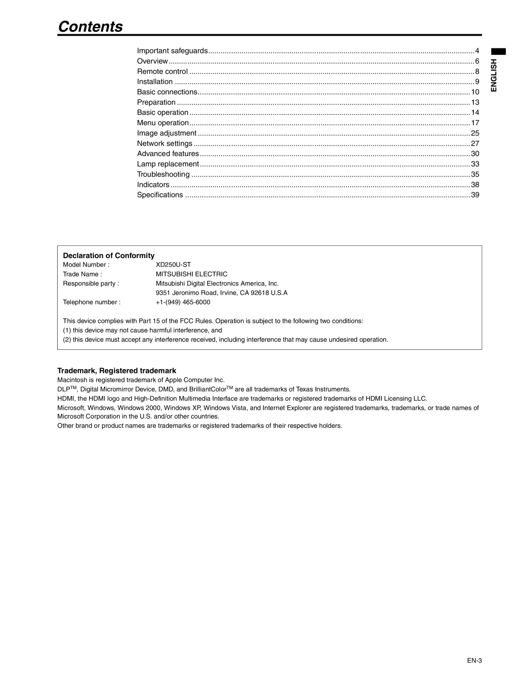 Mitsubishi Electronics XD250U-ST user manual Contents 